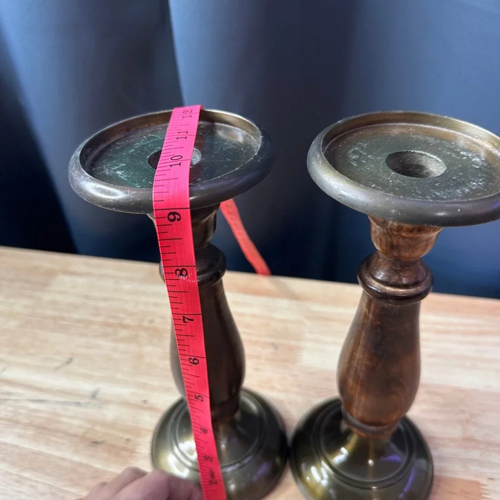 Vintage Wood and Brass Pillar Candle Holders Set of 2 Turned Dark Brown 9.5in